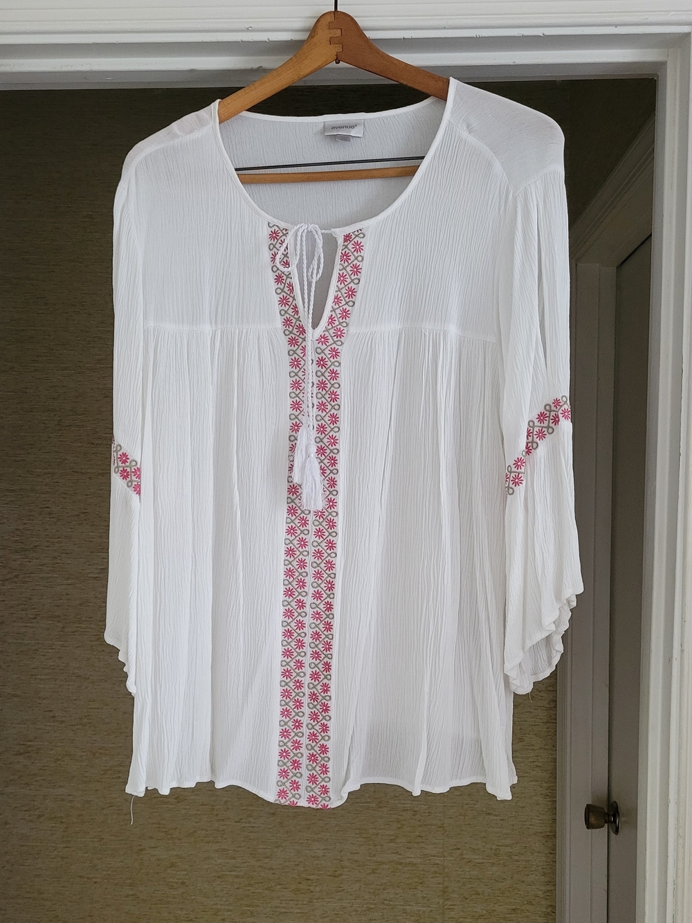 Avenue White Tunic Top with Pink Embroidered Trim